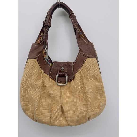 Fossil Hobo Tweed‎ Leather Bag Light Dark Brown Floral Lining silver buckle - Picture 3 of 16